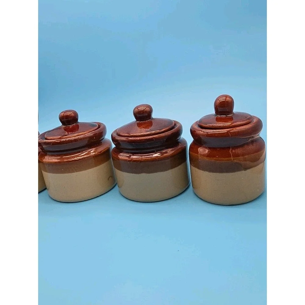 4 Brown & Tan Stoneware Crocks 3 Tone Jars with Lids 2.75